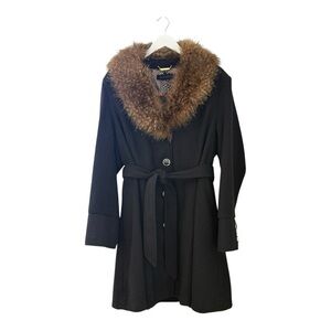 Steve Madden Black Dress Coat Button Front Tie Waist Faux Fur Collar - Size 2X